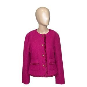 Talbots Women's Size 2 Bright Pink Tweed Blazer Jacket Gold Buttons Fringe EUC